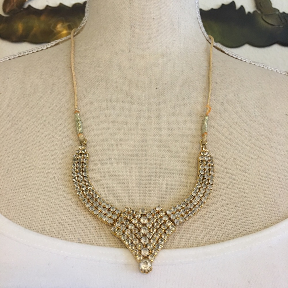 Vintage rhinestone disc metallic corded necklace